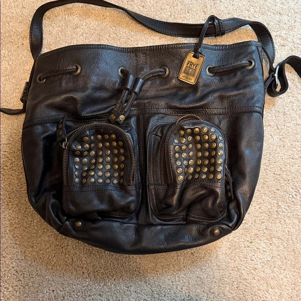 Frye Black Leather Bag with Gold Studs - Picture 1 of 12